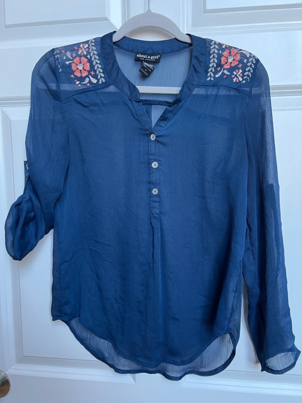 About A Girl Navy Sheer Henley Blouse with Coral Floral Embroidery